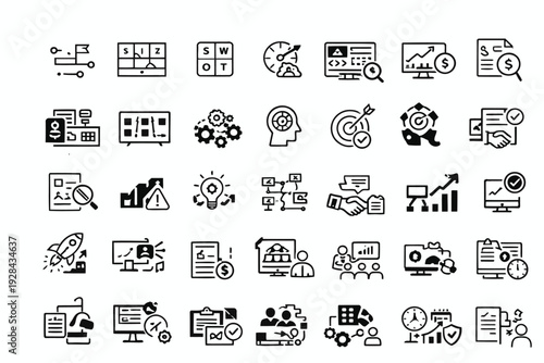 Collection of icons representing various digital and business activities