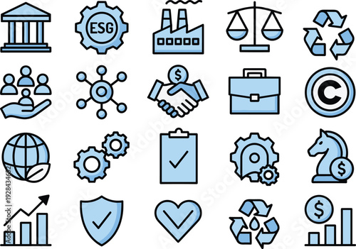 ESG sustainability and corporate governance icons set, finance ethics environment social responsibility line vector illustration collection isolated
