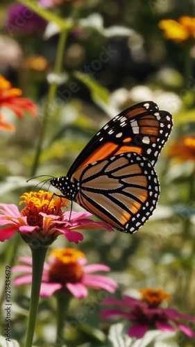 Wallpaper Mural A monarch butterfly sips nectar from a pink flower in a sunny garden with colorful blooms Torontodigital.ca