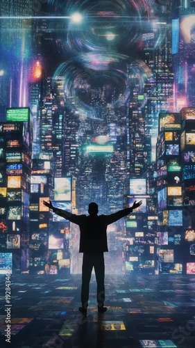Wallpaper Mural A man standing with arms outstretched in a futuristic neon-lit cityscape with a giant robotic face looming in the background, possibly for technology or innovation concept Torontodigital.ca