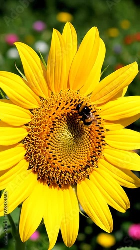 Wallpaper Mural A busy bee collecting nectar from a bright yellow sunflower in a vibrant flower garden Torontodigital.ca