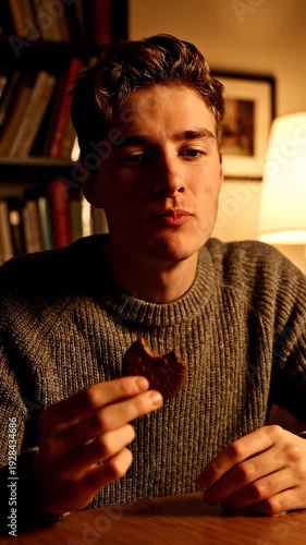 Wallpaper Mural A man eating a snack in a dimly lit home office, with books and a lit lamp in the background, conveying a cozy atmosphere Torontodigital.ca