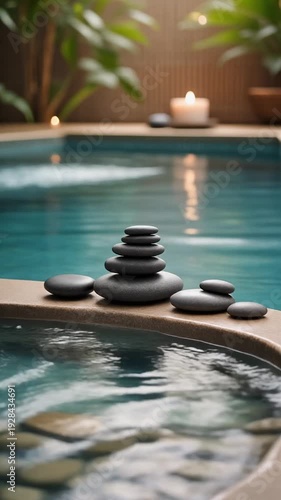 Wallpaper Mural A serene, candlelit ambiance surrounds a calming hot tub or pool with stacked stones on the edge, lush plants in the background, suggesting relaxation or meditation Torontodigital.ca