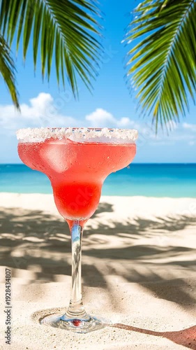 Wallpaper Mural A pink cocktail on a beach with palm trees, ocean, and sunny sky in background for vacation advertising Torontodigital.ca