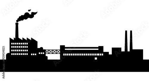 Black and white silhouette of an industrial cityscape with factory smokestacks