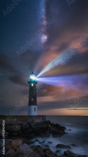 Wallpaper Mural A serene coastal lighthouse standing on rocky shores under a vibrant, starry night sky with the Milky Way visible Torontodigital.ca