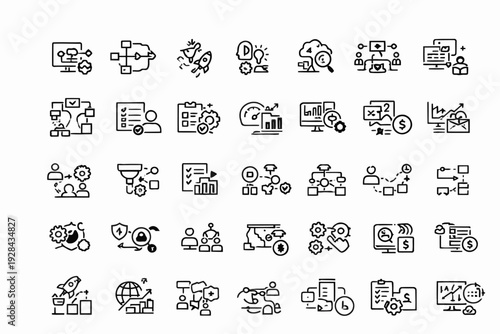 Collection of diverse icons depicting various work, transportation, and communication activities