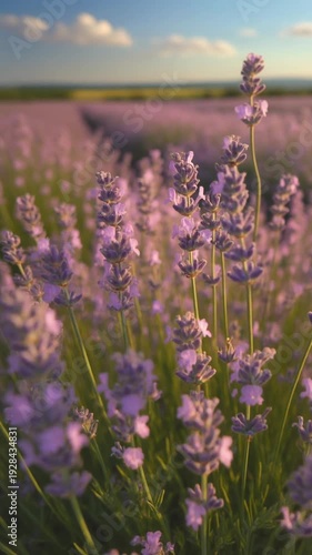 Wallpaper Mural A serene lavender field under a blue sky with clouds at sunrise or sunset, showcasing purple flowers swaying gently Torontodigital.ca