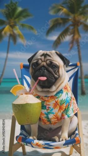 Wallpaper Mural A pug dog in Hawaiian shirt sits on beach chair with coconut drink on tropical beach with palm trees Torontodigital.ca