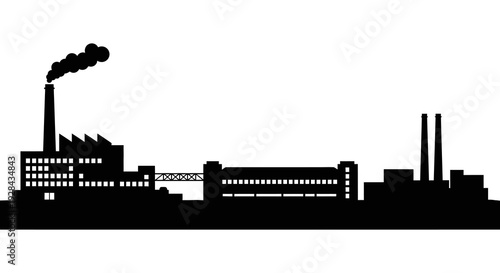Silhouette of an industrial factory complex with prominent smokestacks against a white background