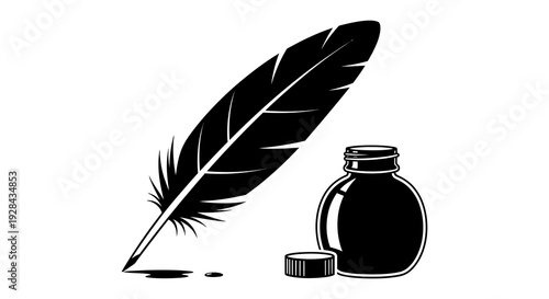 A black quill pen rests beside a small inkwell with a spilled drop