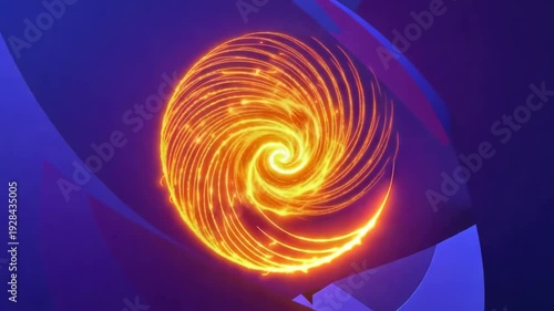 Wallpaper Mural A vibrant orange and yellow spiral radiates light against a dark blue background with abstract shapes, conveying energy and motion Torontodigital.ca