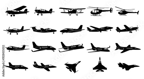 Collection of various aircraft silhouettes including planes helicopters and jets