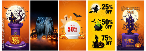 A series of five blurry halloween themed posters with various designs and colors.