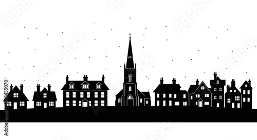 Silhouetted cityscape featuring a church steeple and traditional buildings against a starry sky