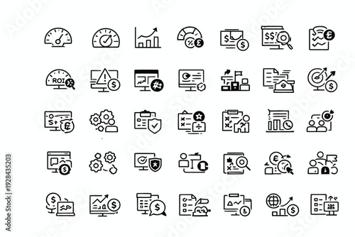 Collection of diverse icons representing business, technology, and communication concepts