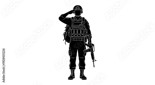 Silhouette of a soldier in full gear giving a salute facing forward