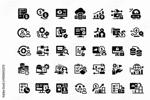 Collection of diverse icons representing modern technology, business, and communication concepts