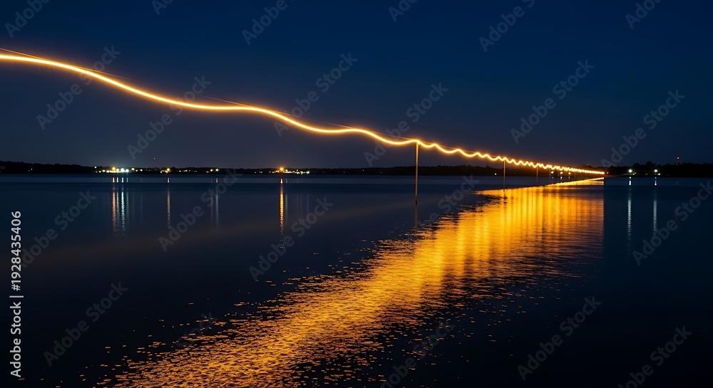 Fototapeta premium Nightscape showcasing bridge lights reflecting on water, creating a vibrant light trail