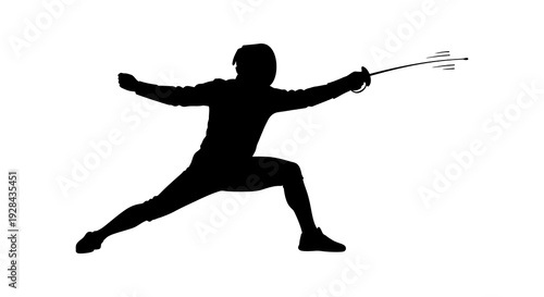 Silhouette of a fencer in a dynamic offensive pose with a foil