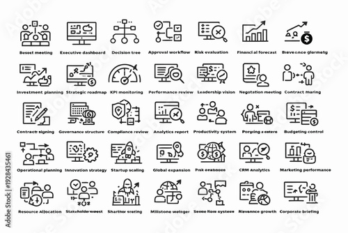 Collection of icons representing various business and technology concepts