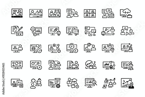 Collection of diverse icons depicting various office and educational activities and tools