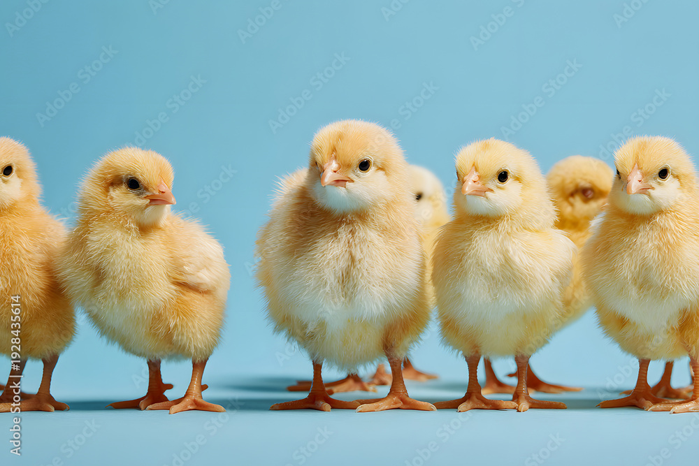 Fototapeta premium Chicks gather on a blue background during a colorful farm setting