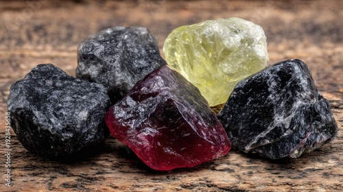 Wallpaper Mural A collection of rough, unpolished gemstones showcasing their raw, natural beauty and intricate surface detail. Torontodigital.ca