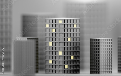 Monochromatic City Block Model Featuring Modern Grid Pattern Buildings with Warm Light Windows