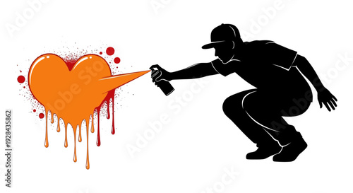 Silhouette of a person spray painting a dripping orange heart onto a white background