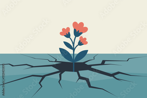 Vibrant flower blooms through cracked earth symbolizing resilience and growth with copy space