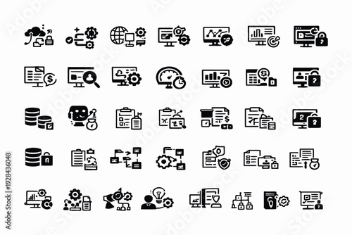 Assorted icons depicting various vehicles and delivery services with computers