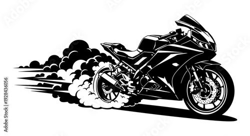 A stylized black and white illustration of a speeding sport motorcycle with smoke