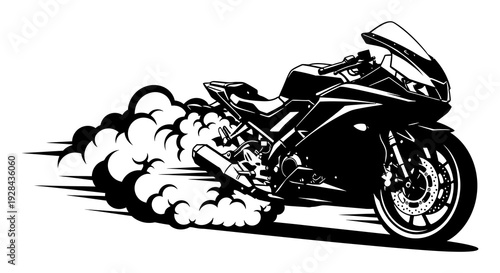 A dynamic black and white illustration of a speeding sportbike leaving tire marks