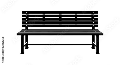 Simple black silhouette of a wooden park bench on a white background