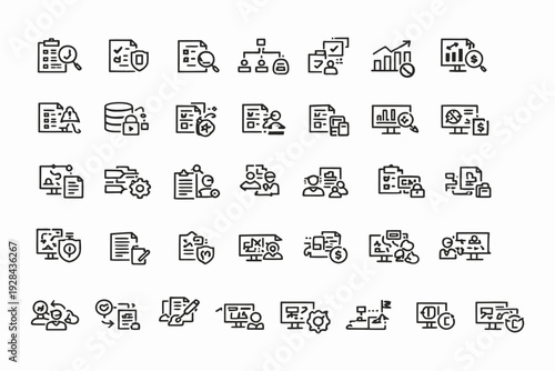 Assorted icons depicting various office and communication equipment and activities
