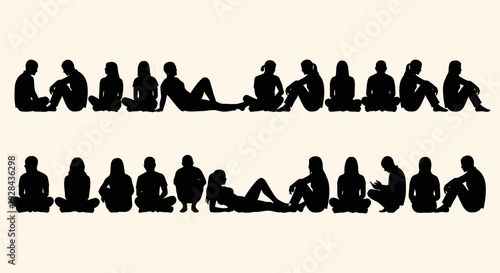 Silhouettes of people in various yoga poses arranged in rows