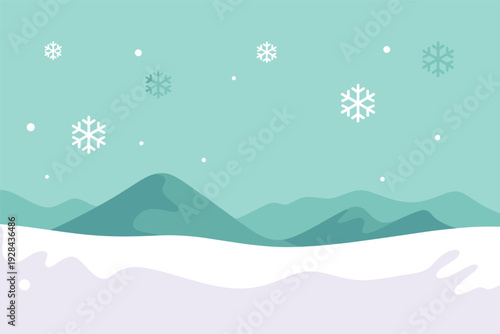 Snowflakes falling on serene mountain landscape with gentle hills