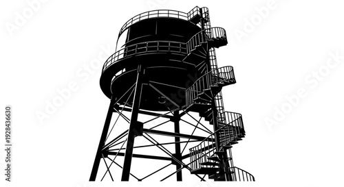 A tall black water tower with a winding staircase against a white background