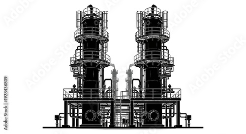 Detailed illustration of two industrial towers with complex piping and machinery