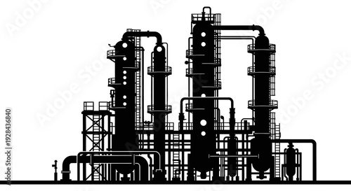 Industrial refinery complex silhouette against a stark white background high quality