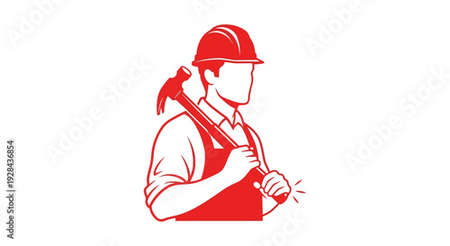 Red silhouette of a construction worker carrying a hammer over their shoulder