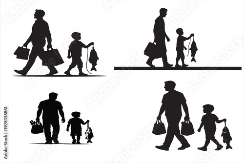 A professional set of black vector silhouettes featuring business people in action alongside a family with a playing child, baby, and dancing woman in a creative shadow art illustration