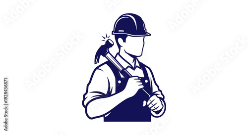Vintage style illustration of a construction worker with hammer and tool belt
