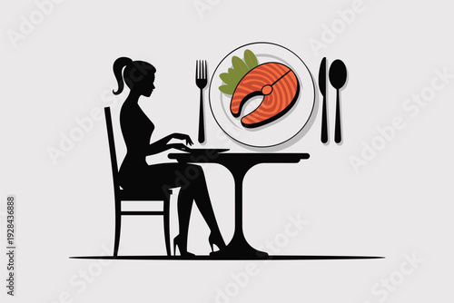 Woman dining alone with salmon dish in restaurant setting with copy space
