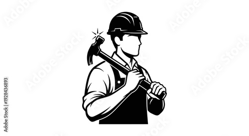 Construction worker with a hammer depicted in a vintage black and white style
