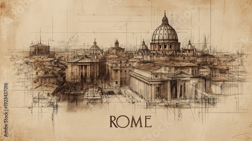 “ROME” sits beneath a detailed ink-and-wash skyline featuring St. Peter’s Basilica and ancient domes. The vintage illustration honors eternal beauty, heritage, and classical majesty.