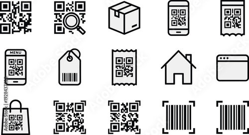 QR code and barcode line icon set, mobile scanning payment package tracking ecommerce vector illustration collection isolated