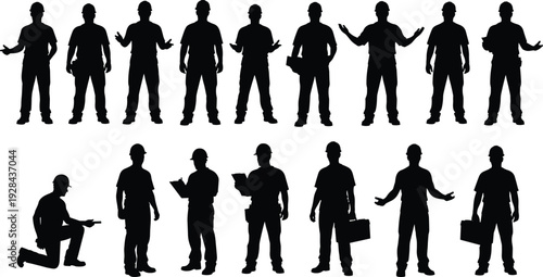 Construction worker silhouettes in various poses with tools and clipboard, professional industrial labor team isolated on white background, engineering and maintenance concept illustration