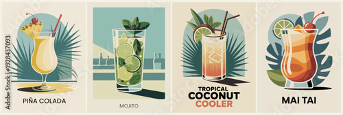 Set of four retro-style cocktail illustrations arranged in a horizontal triptych layout. Features Piña Colada, Mojito, Tropical Coconut Cooler, and Mai Tai